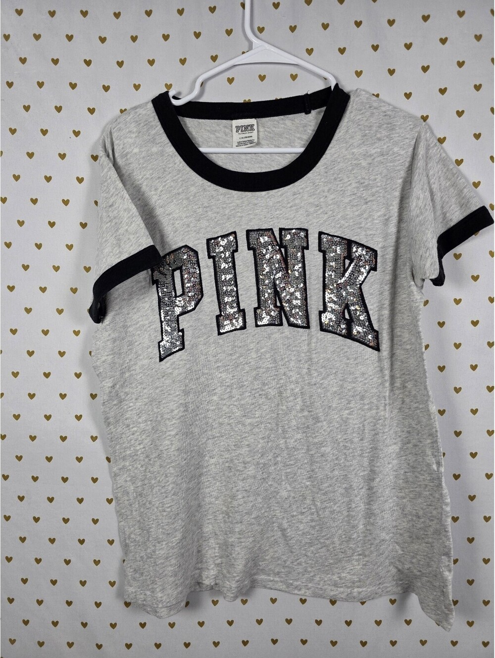 Victorias Secret PINK Bling Ringer Logo Tee shirt Grey Large